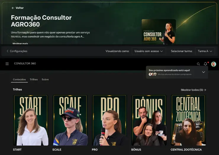 Área de membros da Formação Consultor Agro 360 na Hotmart, com as trilhas START, SCALE, PRO, BÔNUS e Central Zootécnica